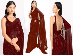 อินเดียและปากีสถานสวมชุดแฟนซีทำงานตามลำดับ Saree กับเสื้อทำงานที่มีกะเหรี่ยง/สารีอัตราต่ำที่มีคุณภาพดีที่สุด - Product Image 4