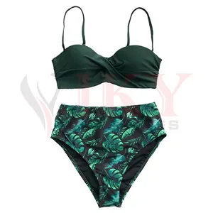 Grün Belaubten Drucken Bikini Set Frauen Herz Neck Push Up Hohe Taille Zwei Stücke Bademode 2020 Strand Badeanzüge Badeanzug