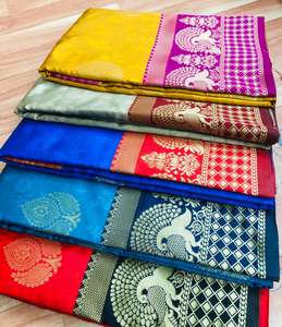 Tejido pesado Banarasi Seda Sari Estilo indio Kanchipuram Ropa de fiesta para damas - Product Image 5