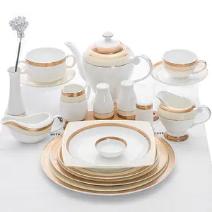 Guangzhou Wholesale Hotel Fine Bone China Porcelain, Thin Bone China Gold Rimmed Luxury Ceramic Plates Dinner Set~