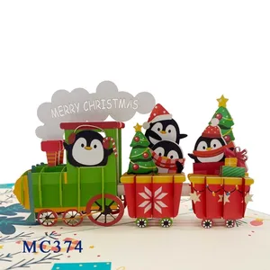 ノエルトレインポップアップカードペンギンクリスマス3Dグリーティングカードレーザーカット手工芸品ベトナムキリガミ卸売ペーパークラフト