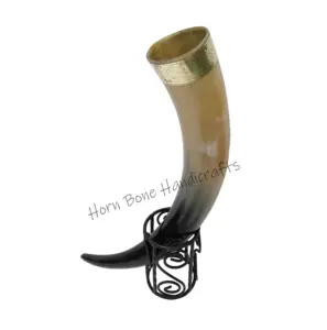 Best Quality 100% Natural Drinking Horn With Brass Molding and Iron Stand/Viking Drinking Horn Premium Product for Beverage