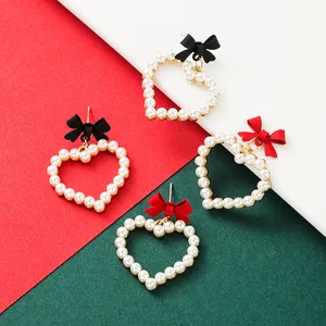 패션 합금 bowknot 사랑 하트 모양의 모조 진주 귀걸이 여자 크리스마스 귀걸이 쥬얼리