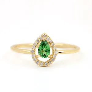 18k Fine Gold Jewelry Natural Pave Diamond Green Gemstone Pear Shaped Ring 925 Silver Ring 14k Gold Ring Jewelry Manufacturer