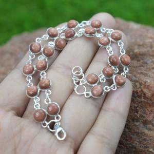 Bracelet en pierre de soleil rouge naturelle en argent sterling 925 2 lignes de pierres précieuses lisses 8 ''de long plaqué or bijoux réglables grossiste - Product Image 3