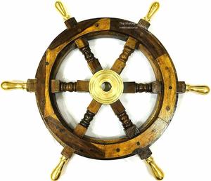 <b>Wooden</b> Ship <b>Wheel</b> Wood and Brass Nautical <b>Wheel</b> with Six Brass Nob 18 Inches with Brass Handle - Product Image 2