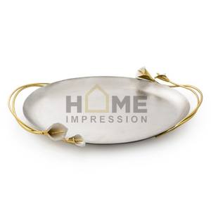 Plateau ovale en acier inoxydable pour artisanat moderne avec poignée en branches de feuilles de fleurs dorées pour les fournisseurs en gros - Product Image 4