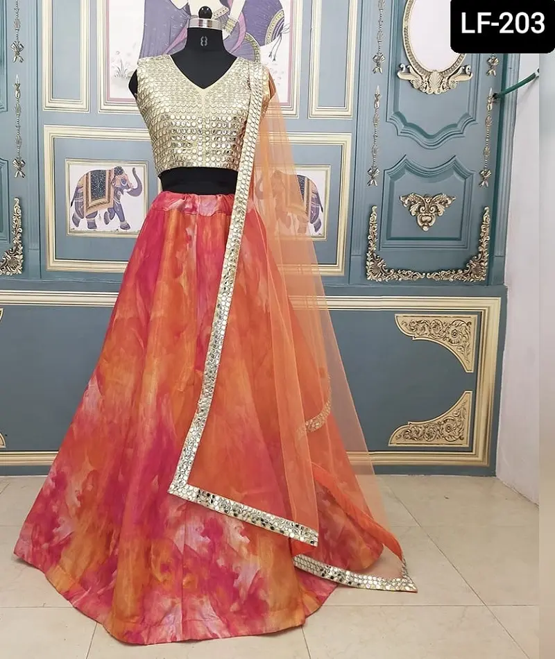Lehenga Choli-Espejo de plástico para mujer, naranja y rojo, nuevo diseño, trabajo con bordado, blusa, para mujeres indias y paquistaníes