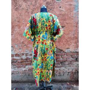 Soft Comfortable Yellow Floral Hand Block Print <b>Kaftan</b> Dress Tunic Loose Beach Wear Indian Maxi Gown Lace Woven Cotton Wholesale - Product Image 4