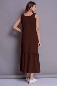 Robe à la mode en lin pour femmes, col en crêpe, sans imprimé, longueur au sol, couleur bordeaux, nouvelle collection - Product Image 4