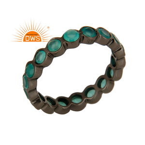 Hot Glowing Aqua Chalcedony Gemstone Ring Rhodium Plated 925 Silver Designer Eternity Band Ring Wholesale Jewelry - Product Image 1