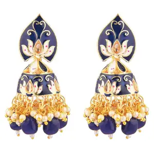 Anting Pengantin India Anting Menjuntai Kristal Kundan Mutiara Imitasi Biru Gelap Enamel Jhumka Perhiasan untuk Wanita