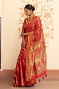 Hermoso Sari de Seda Kanchipuram con Tejidos Zari en Toda la Superficie y Borde Zari para Bodas y Fiestas para Mujer - Product Image 2