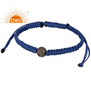 Nouveau Bracelet en Argent Sterling 925 Fait Main avec Diamants Naturels Pavés et Cordon Bleu en Coton pour Femme - Fabricant de Bijoux - Product Image 3