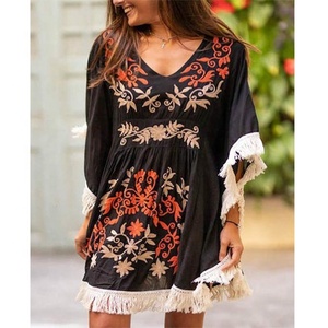 Vestido Kaftán Boho para Mujer, Tejido Natural de Lujo, Bordado Aari, Encaje, Ecológico, Lavable, Mini, Floral, de Verano - Product Image 1