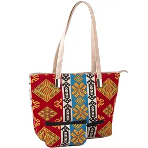 Red Kilim Patterned Cotton Fabric Tapestry Arm Bag From Turkey