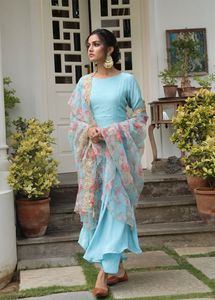 Indian <strong>Plain</strong> Sky Blue <strong>Colour</strong> Anarkali Dresses With Organza Embroidery Dupptta for Women Latest Low Price - Product Image 3