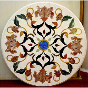 Plateaux de table basse ronds décoratifs en marbre avec incrustations de pierres naturelles - Product Image 1