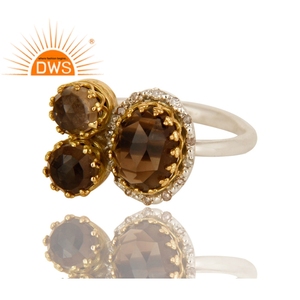 Anillo de apilamiento hecho a mano, joyería de diamante Natural, cuarzo ahumado, oro amarillo sólido de 18k y joyería de plata de ley - Product Image 2