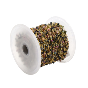 Cadena de Rosario de Turmalina Multicolor Facetada en Forma de Rondelle, 3mm, Latón, Chapado en Oro de 18K, Envuelta en Alambre, Vendida por Metro para Joyería - Product Image 3