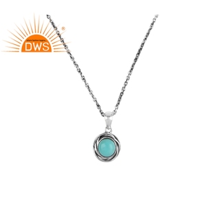Pendentif de pierre naturelle zircon Turquoise 925, en forme ronde, chaîne et collier en argent surdimensionné, vente en gros - Product Image 1