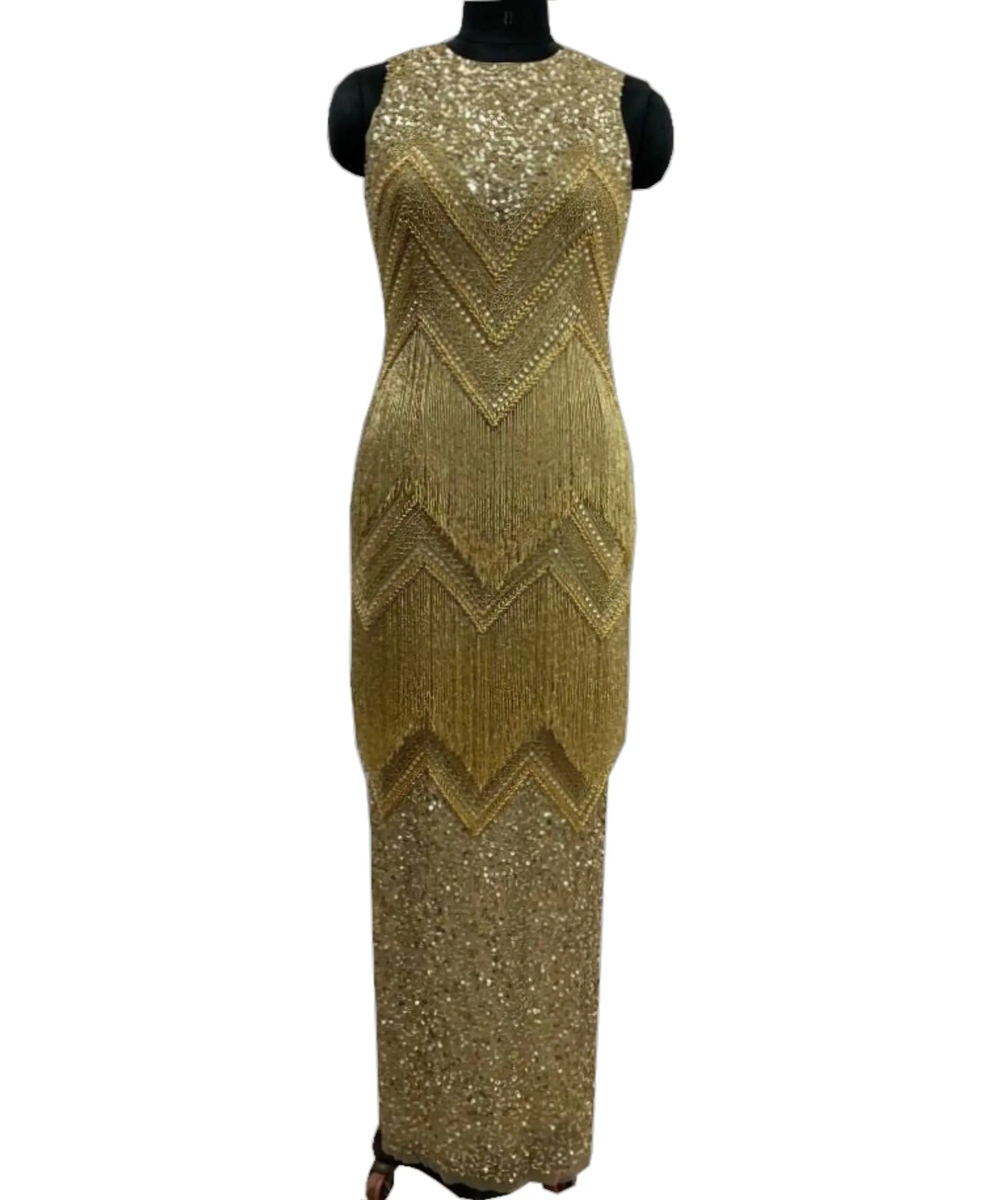 Designer pattern Sparkling Gold Zigzag Hand Embroidery tasseled Prom Dresses