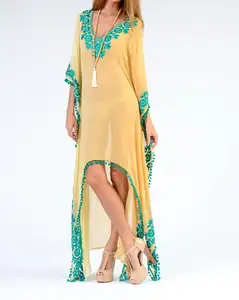 New collection Embroidery 3/4 Sleeve Embroidery Embellished High Low Beach wear fancy hooded batik Kaftan For Ladies Dress