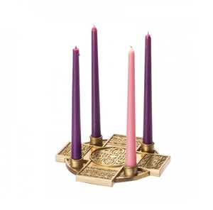 Cruz de latón grabada con portavelas redondo, suministros de Iglesia, Brassworld, India - Product Image 1