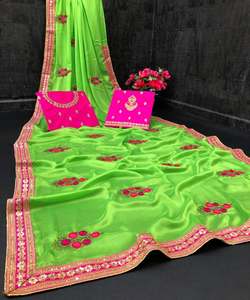 Vêtements de fête Designer brodé Net Soie Fleur Conception Indienne Dames Porter Orange Couleur Saree avec Blouse Pièce Perle Travail Sari Apparelgarment - Product Image 5