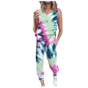 Custom Women <b>Tie</b> Dye Printed U <b>Neck</b> Sleeveless Top With Elastic Waist Drawstring Pant Two Pockets Tracksuit Outfits Active Wears - Product Image 1