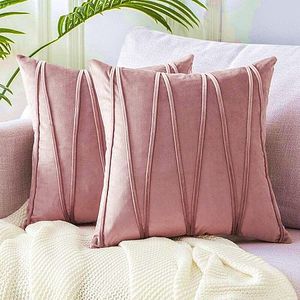 Solid Salmon Pink Cotton Velvet Cushion <b>Cover</b> Indian Fancy Stripe Handmade CLASSIC Square Pillow Sham Adults Sizes 16x16\" - Product Image 1