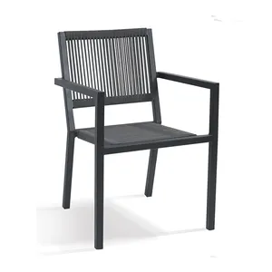 Kursi taman restoran luar ruangan, kursi Metal dapat ditumpuk aluminium tali hitam untuk furnitur luar ruangan