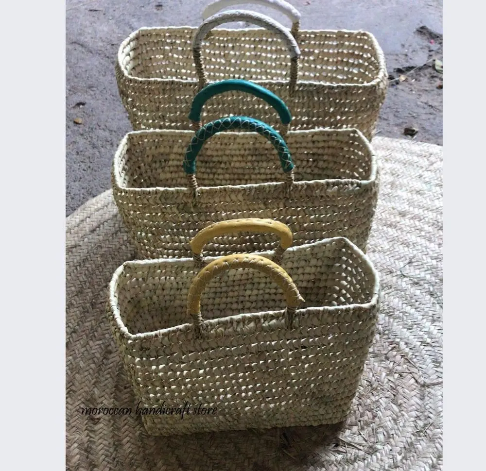 Conjunto de cesta de praia de palha marrocos, bolsa de mercado feita à mão, tecido, praia