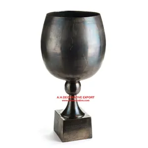 Wine Glass Shape Metal Flower Vase On Square Base Antique Finished Luxury Flower Glass for Living Room