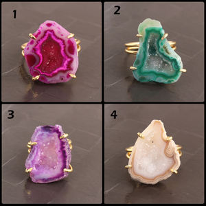 Colección de moda natural Rosa geoda druzy anillo latón 24K vermeil prong anillo de ajuste doble banda diseñador anillo apilable joyería - Product Image 2