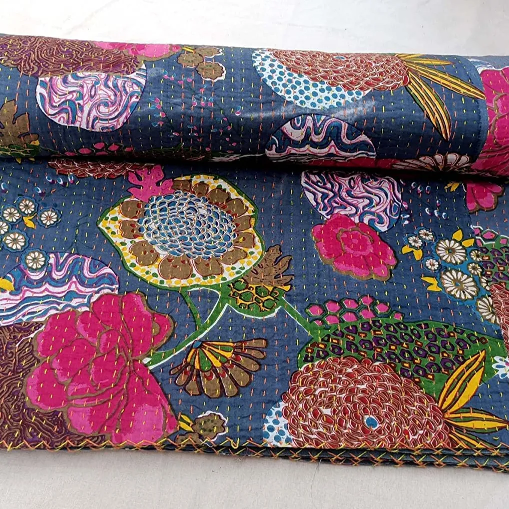 Colcha de algodón Reversible con estampado de fruta doble, colcha de trabajo hecha a mano, colcha India, arte étnico