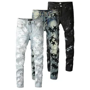 Jeans rasgado para homens, remendo de estrela personalizado, trabalho de alta qualidade, logotipo personalizado, verdadeiro para tamanho, calça jeans para homens