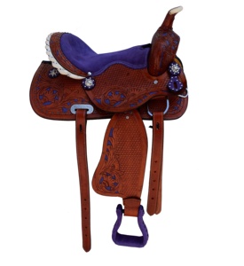 Selle de cheval en cuir Western baril usiné à fleurs violettes avec siège rembourré en daim Rênes et fabricants de colliers de poitrine - Product Image 1