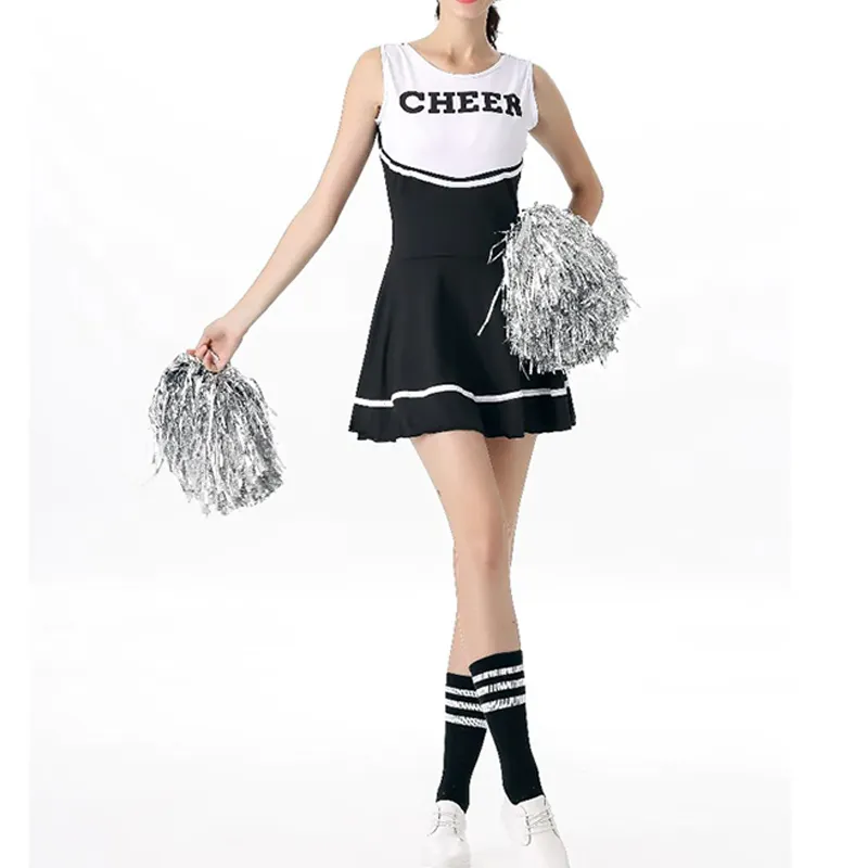 Customized Girls Cheer uniforms Set Black and White Color Sleeveless Cheerleader Uniform