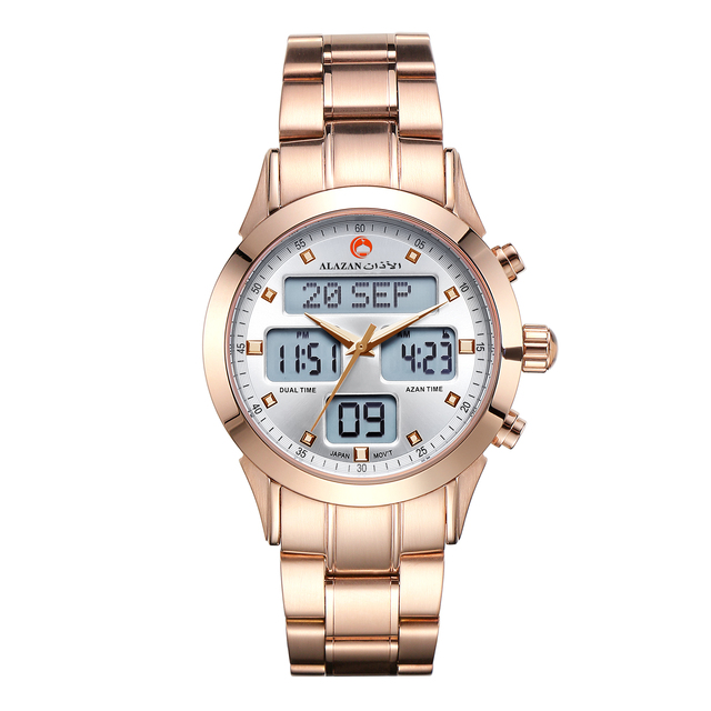 Islamic Muslim Pray Watch Factory Wholesaler Alfajr Man Dual Time Rose Gold Steel Prayer Qibla Waterproof Wrist Watch Supplier