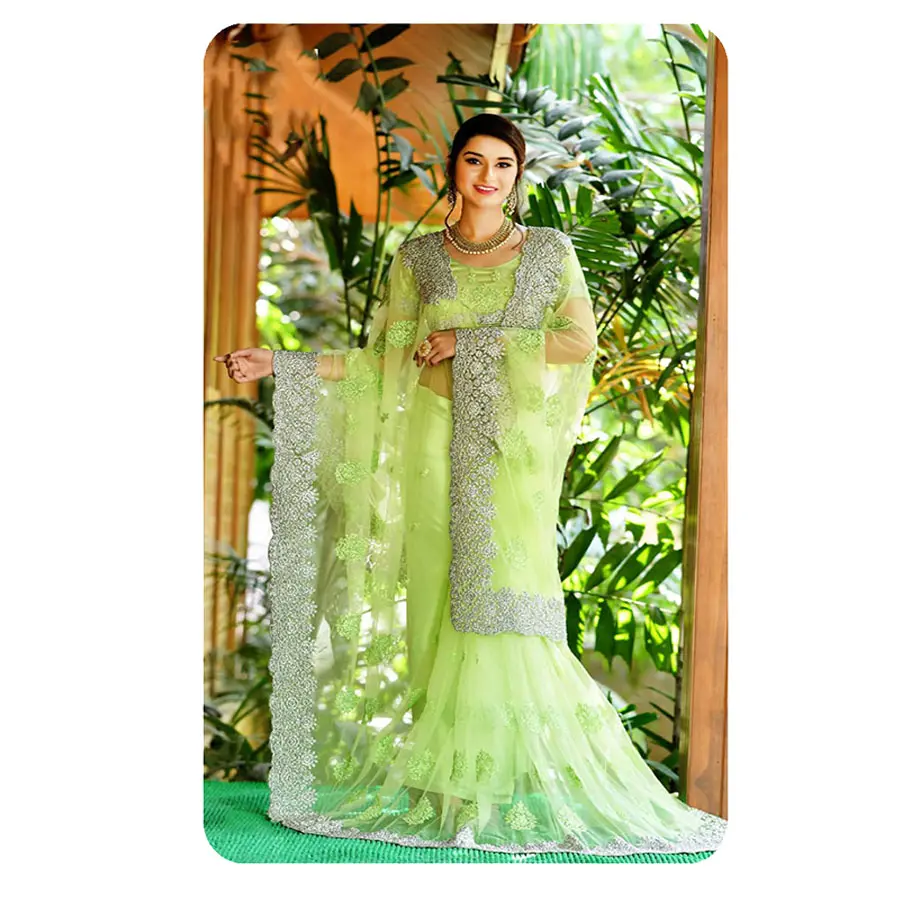 Yüksek talep üzerine en çok satan parti ve fabrika fiyata düğün kıyafeti dijital baskılı yumuşak Net Saree