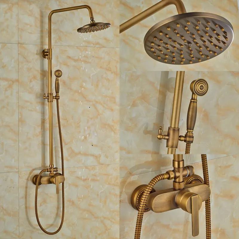 Latest Wall Mount Bath Shower Faucet with Hand Shower Antique Brass 8" Rain Shower Mixer Tap Tub Faucet Dual Handles