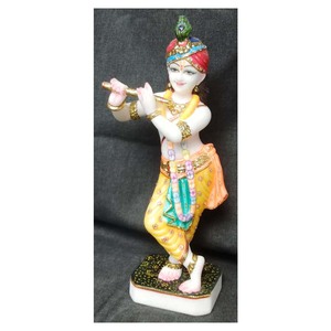 Estatua de pie de Krishna, mármol colorido hecho a mano, con flauta de juego - Product Image 1