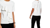 T-shirt décontracté pour femme à col rond et manches courtes, grande taille, en popeline de polyester, viscose et élasthanne, avec détail volanté long, teint uni