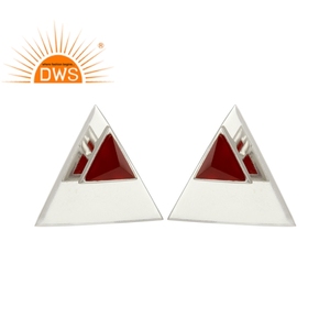 <b>Red</b> Onyx Gemstone Triangle Design Stud <b>Earring</b> Jewelry Wholesaler 925 Sterling Fine Silver Jewelry Supplier - Product Image 1