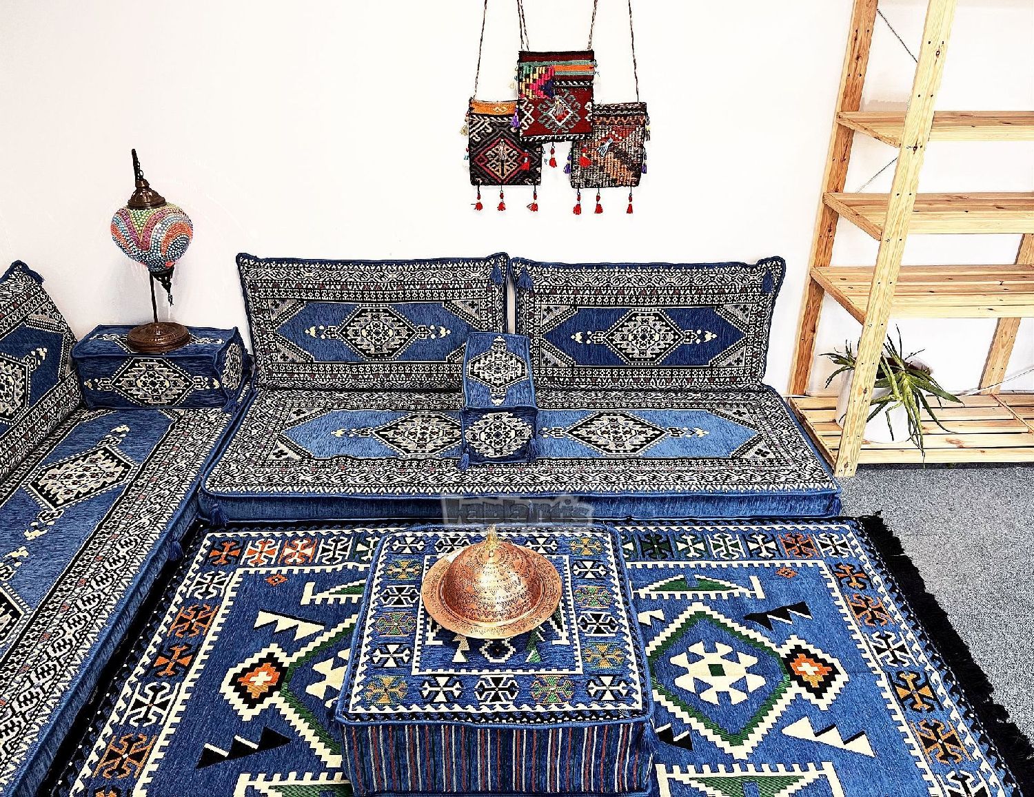 Hookah Bar Oriental Corner Arabic Seating Floor Cushion Cover Set Blue