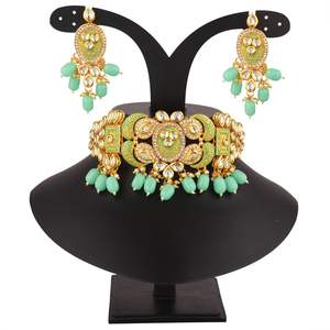 Ensemble de boucles d'oreilles collier ras du cou Kundan indien bijoux en émail couleur menthe plaqué or cristal mariages fêtes fabricant direct - Product Image 3