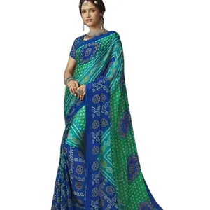 Eksklusif Bermerek Desainer Terbaru Sifon Merek Berkelas Baru Bandhni Saree Collection 2023 Pakaian India