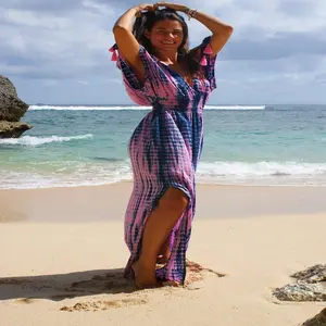 Plaj kıyafeti batik gevşek fit bohem stili püskül Maxi elbise püsküller kollu son elastik bel ve seksi V bölünme