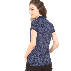 Polo Femme Bleu Floral Décontracté Tricoté Streetwear - Product Image 1